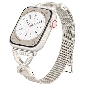 BRG Thin Mesh Loop Compatible with Apple Watch Bands for Women 40mm 41mm 38mm 42mm Series 10 9 8 7 6 5 4 3 2 1 SE, Metal Magnetic Stainless Steel Strap with X-Shape Diamond Clasp for iWatch Bands