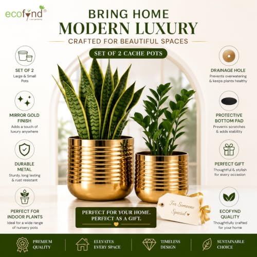 Image of ecofynd 2 Pack Metal Plant Pots (6 inch, 5 inch), Indoor Small Planter Flower Pots, Home Garden Decor Planter for Living Room Bedroom Interior (Gold Finish, POT052)
