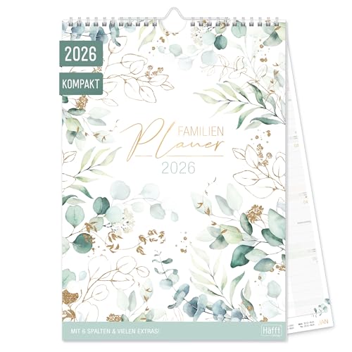 Häfft Familienkalender 2026 mit 6 Spalten Blattgold kompakter Wandkalender 2026-22 5 x 32 5 cm - Wandplaner Familienplaner - nachhaltig & klimafreundlich