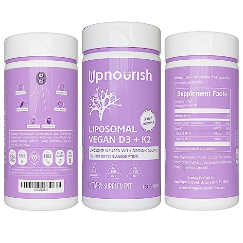 Upnourish Certified Vegan Vitamin D3 5000 Iu K2 Mk4 Mk7 500 Mcg Supplement, 150 Softgels, Plant Based Liposomal Vitamin D K With Organic Coconut Oil, Non Gmo, Gluten And Gelatin Free #TOP7