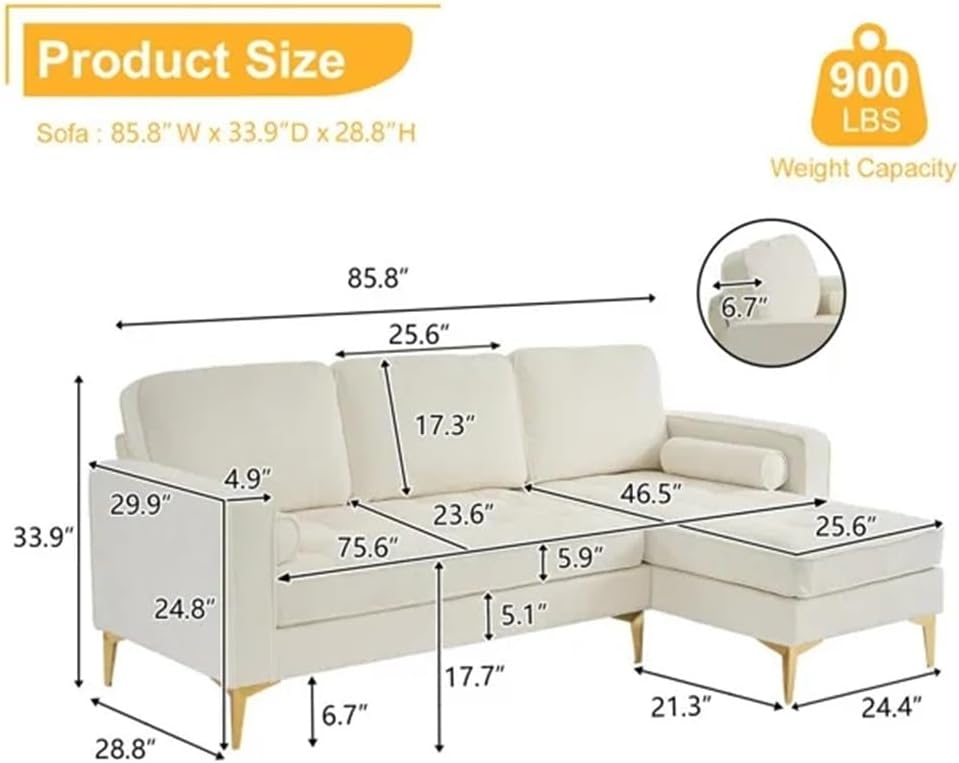 Modular 3-Seater L Shape Soaf,with Footstool Chenille Rhombus Electroplated Golden Tripod Legs,for Living Room,Apartment