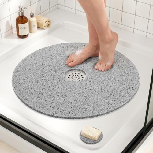 HITSLAM Round Shower Mat with Drain Hole in Middle 24 Inch Diameter, Grey
