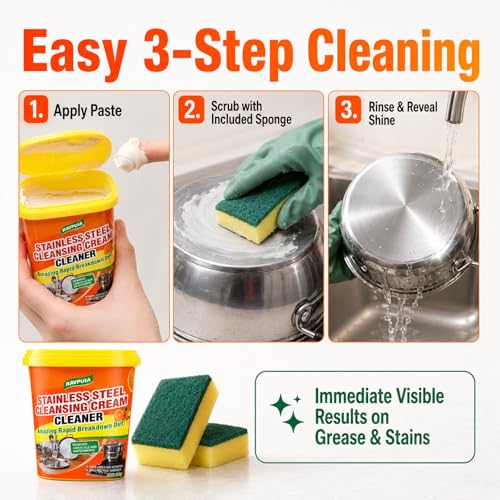 Image of STAINLESS STEEL CLEANER & POLISH - Heavy Duty Cleaning Paste for Stove, Oven, Pans, Cookware, Sink | All Purpose Multi-Purpose Household Cleaner | Removes Grease & Stains | with 2 Sponges (500g)