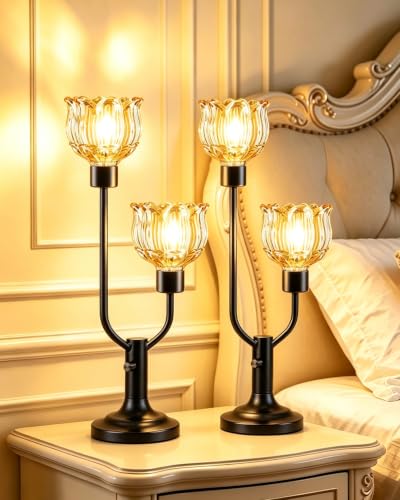 Image of Lightdot Nightstand Lamps Set of 2 Flower Amber Glass Table Lamp Dimmable