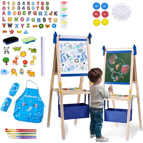 Image of Art Easel for Kids - Adjustable Wooden Double-Sided Magnetic Whiteboard and Chalk Board with Paper Roll, Including 100+ Drawing Accessories - Foldable Painting Birthday Gifts for Boys Girls Ages 3-12
