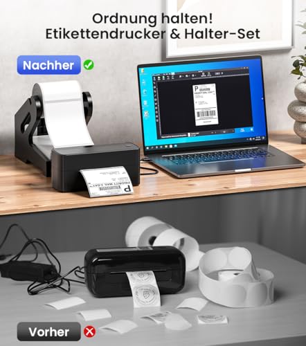 Phomemo Neuer Bluetooth Etikettendrucker mit Etikettenhalter, DHL Thermodrucker 4x6, Bluetooth Etikettiergerät Label Printer für Barcode, Amazon, Etsy, Shopify, Royal Mail, DHL, FedEx, etc-Schwarz