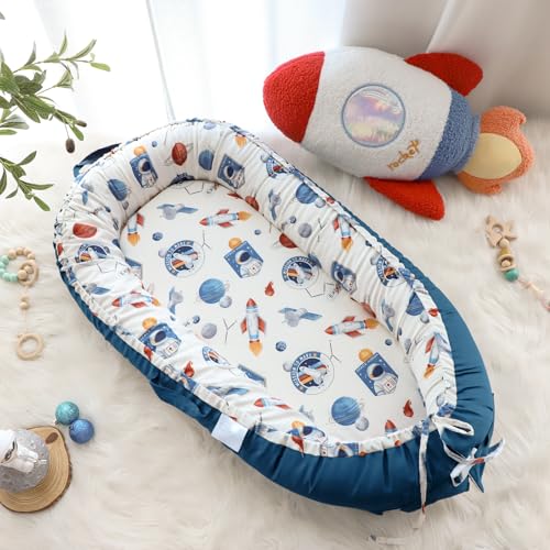 Image of Baby Lounger Cover for Boys Girls, Reversible Baby Nest Cover, Adjustable Baby Lounger Replaceable Cover for Infant Newborn, Portable and Machine Washable, Cotton Blue Rocket Cover Only