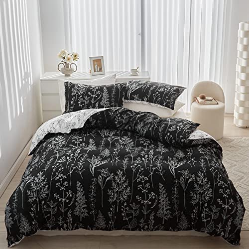 STYHO Floral Duvet Cover Double Size Black and White Flower Plants Printed Bedding Set Soft Reversible Botanical Farmhouse Bedding Quilt Cover with Pillowcases(Black, Double)