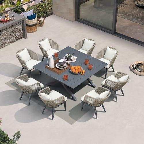 Image of PURPLE LEAF 9 Pieces Outdoor Metal Furniture Set Patio Conversation Sets Dining Set, 1 Square Dining Table and 8 Modern Chairs with Cushions Seat Taupe