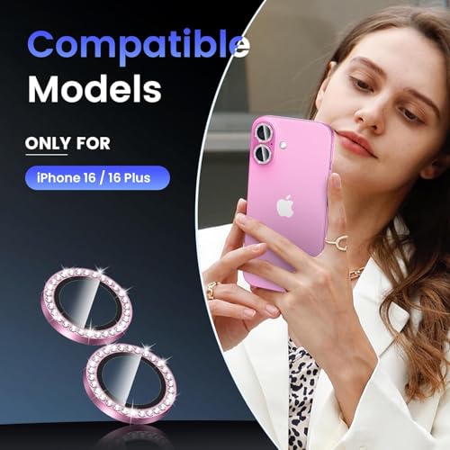 Image of Diamond Camera Lens Protector for iPhone 16 & iPhone 16 Plus Pink HD Clear 9H Hard Tempered Glass Camera Cover Waterproof Easy Install Full Camera Protection Anti Drop Case Friendly Luxury Shiny Diamond Design