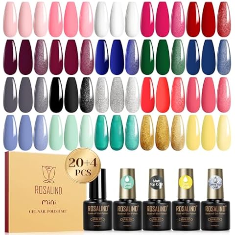ROSALIND 24PCS Gel Nail Polish Set with 4 PCS Base Coat and Matte and Glossy and Glitter Top Coat,20 Color Vibrant and High Shine Gel Polish Cover