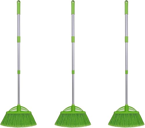 Escoba de mango largo con varilla telescópica de aleación de aluminio de tres secciones para limpieza del hogar, jardín, camping al aire libre y en
