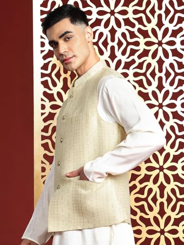 Image of MANQ Men's Kurta With Churidar & Ethnic Motifs Nehru Jacket Set For Wedding, Festival & Formal Occasions