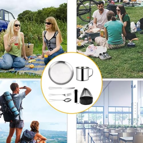 Camping Geschirr 1 Person - Camping Besteck Set 7 Teilig, Wiederverwendbarer Edelstahl Becher, Teller und Gabel, Löffel, Bestecktasche, Campinggeschirr für Outdoor Wandern und Picknick Zubehör – Bild 3