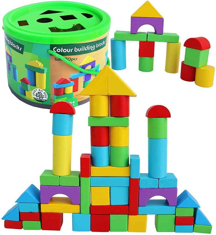 UKR Wooden Building Blocks Set Construction Toy Stacking Sorting Bricks Engineering STEM Early Educational For Toddlers With Storage Bucket 56 Pc