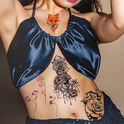Yezunir 31 Sheets 85+ Pcs Watercolor Flower Temporary Tattoos For Women Girls, Small Lavender Sweetpea Diamond Glitter Face Fake Tattoos For Adults, Geometric Peony Rose Floral Butterfly Animals Fox Owl Tatoos Set #TOP3