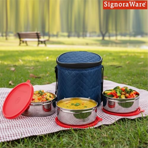 Image of SignoraWare Big Meal Stainless Steel Container Set | Airtight & Leakproof | Durable & Rust-Free | Ideal for Office, School, Home & Outdoor Use (800mlx3 | Set of 3 | Red)