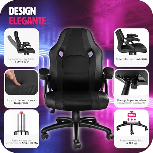 ® Sedia da Ufficio Ergonomica, Poltrona Gaming con Rivestimento in Similpelle, Regolabile in Altezza, Rotazione a 360 Gradi, Base Stabile con 5 Rotelle, Design Sportivo - Nero - Sedia gaming - Immagine 7
