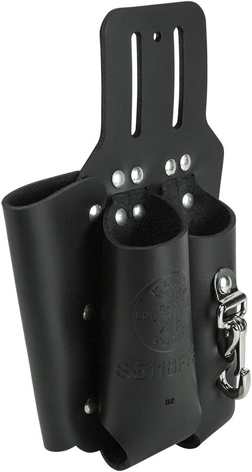 Klein Tools S5118PRS Leather Tool Holder with 3 Pockets for Pliers, Folding Rule, Screwdriver and Knife Snap, Fits Belts up to 2-Inch Wide
