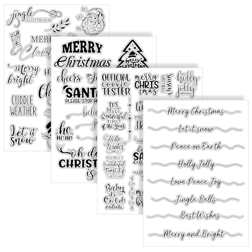Whaline 4 Sheet Christmas Words Clear Stamps Greeting Words Santa Xmas Tree Pattern Silicone Transparent Stamps Border Stamp Cards for DIY Craft Card Making Scrapbooking Embossing Album Decor
