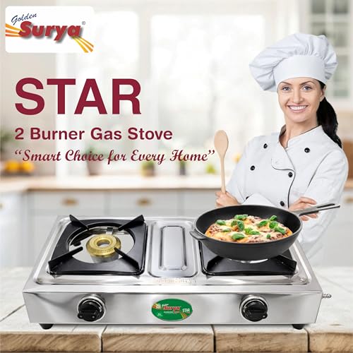 Image of Golden Surya Star 2 Burner LPG Gas Stove with High Efficiency Burners, Stainless Steel Body, Heavy MS Pan Support, Manual Ignition, ISI Certified, 18 Months Warranty