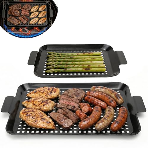 2PCS Grill Pan - Non-Stick Enamel Coating Grill Topper for Outdoor Grillling, Grill Trays with Holes for Vegetable, Fish, Meat, Seafood, Large and Small (14.37'x9.84' and 11' x 7')
