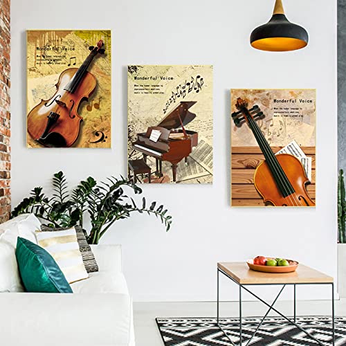 Toile piano guitare rétro : affiche art mural pour salle de musique 60x90cmx3 sans cadre