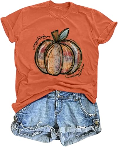 Fall Pumpkin Shirts Women Family Halloween Thanksgiving Tops Cute Autumn Thankful Pumpkin Fall Graphic Tees(Glittle/Brown,M)