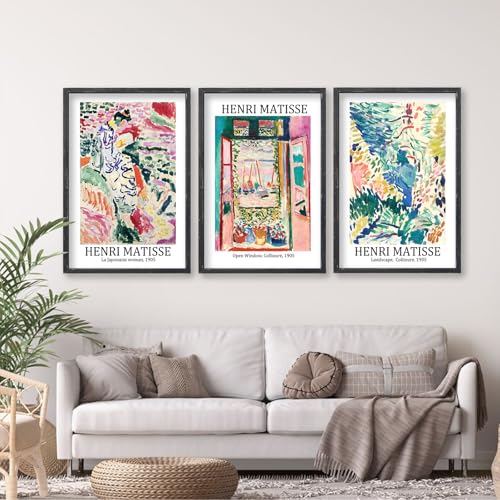 Henri Matisse Wall Art Decor Set of 3 16x24 Inch Large Rustic Farmhouse Aesthetic Wood Framed Matisse Sign Modern Home Bedroom Living Room Office Abstract Landscape Print Wall Hang (Black)