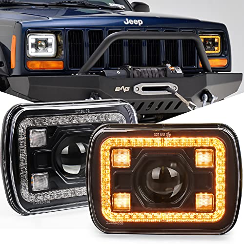 PXPART 7x6 LED Headlights 85W DOT 5x7 Halo Headlights with Crystal Halo White DRL Amber Turn Signal Compatible with Jeep Cherokee XJ Wrangler YJ Trucks GMC Toyota Ford Nissan