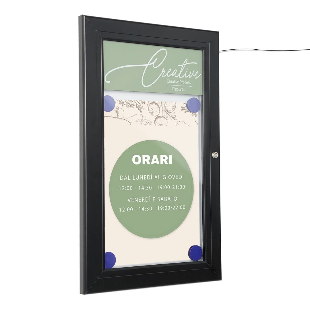 Danieli Store - Tablón de Anuncios Exterior Negro para Menús Luminoso - Tablón con Cerradura y Par de Llaves - Fácil Montaje en Pared - Superficie de Acero Magnético y Escribible (A4 LED)