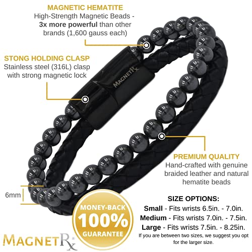 MagnetRX® Hematite & Leather Magnetic Bracelet – Max Strength Natural Stones – Beaded Magnetic Hematite Bracelets (Medium) - Image 3