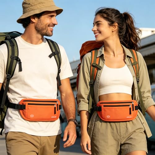 Image of RFID Blocking Money Belt - Passport Holder & Travel Wallet, Slim Hidden Fanny Packs for Women Men - Orange