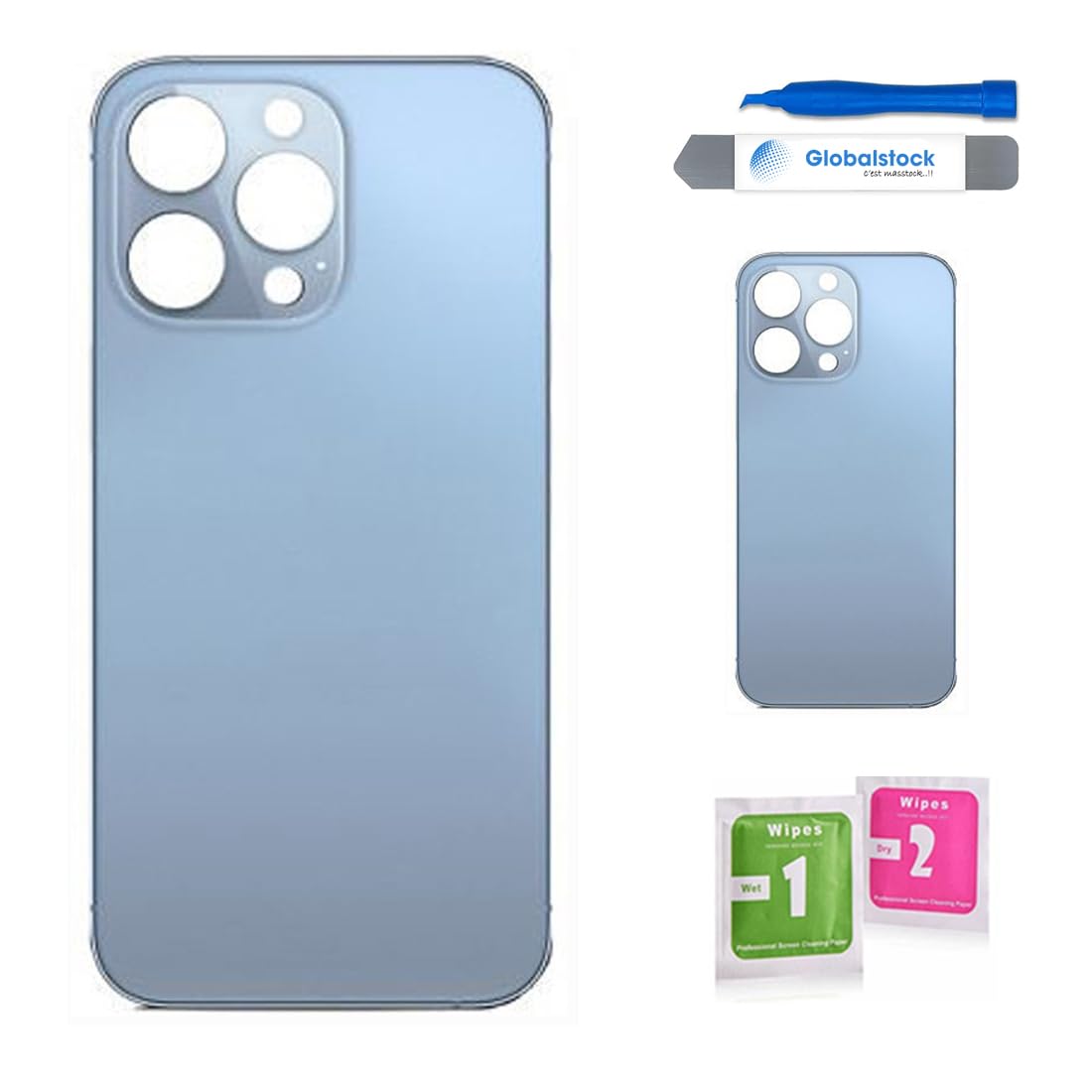 Vitre arrière de Cache Batterie Remplacement - Coque Cache Batterie Compatible pour iPhone 13 Pro Bleu + adhésif et Kit Outils
