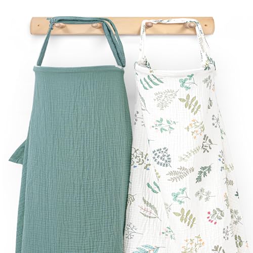 Image of Haleeone Muslin Nursing Cover for Breastfeeding, Privacy Breathable Breastfeeding Cover with Arch Neckline for Mom, 100% Cotton Nursing Apron, Floral and Green