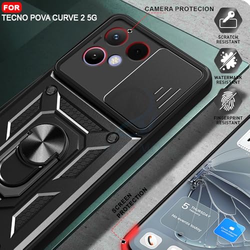 Image of AESTMO Tough Armor Tecno Pova Curve 2 Bumper Back Case Cover | Ring Holder & Sliding Camera Shield Cover | 360 Degree Protection Back Case Cover for Tecno Pova Curve 2 (Black)