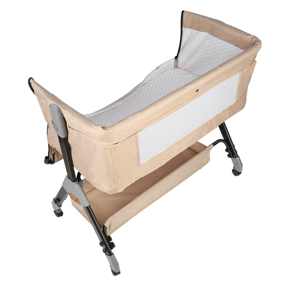 HUOLE lettino 3 in 1, lettino co-sleeping, dondolo, Culla da bambino con materasso, lato staccabile, altezza regolabile, finestra in rete, ruote e borsa da viaggio – 0-36 mesi, 25 kg-bianco sporco