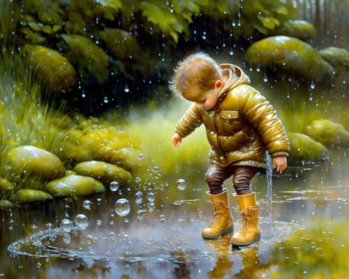 Toile enfant saute flaque d'eau deco murale chambre 58x90cm sans cadre