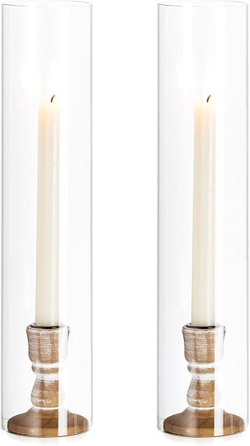 NUPTIO Hurricane Wooden Candlestick Holder: Set of 2 Glass Cylinder Shade 35cm Tall Candle Holders for Taper Candle Stick Clear Open Ended Candleholder Party Wedding Centrepieces for Tables