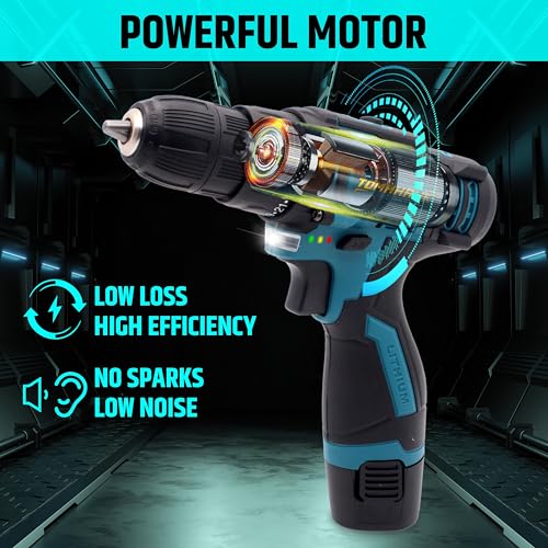 Image of Tomahawk 12V Cordless Drill Machine for Home Use with 2 Speed settings & LED Light | 2 Batteries, Compact & Lightweight, 25+1 Torque Settings, 10mm Chuck, for Drilling & Screwdriving