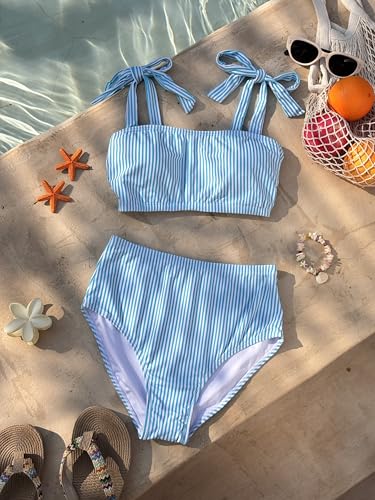 Herseas Women's Striped Bikini Sets Shoulder Strap Knot Removable Pads 2 Piece Swimsuits High Waisted Tummy Control Bathing Suits Teen Cruise Essentials X-Large Blue Stripes