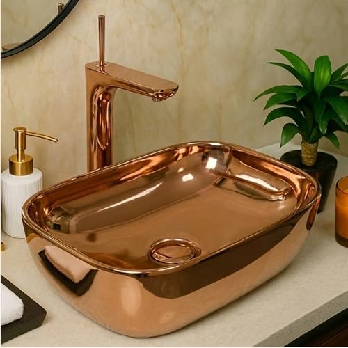 BASSINO 18x13x5.5 Inches Ceramic Counter Top Wash Basin/Premium Rose Gold Luxury Rectangular Countertop Sink/Tabletop Washbasin with Round Edges for Hotel/Home/Living Room(Glossy Finish)
