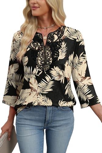 Image of WIHOLL 3 /4 Length Sleeve Womens Tops Boho V Neck Lace Shirt Trendy Blouses Dressy Casual Vacation Clothes S-3XL