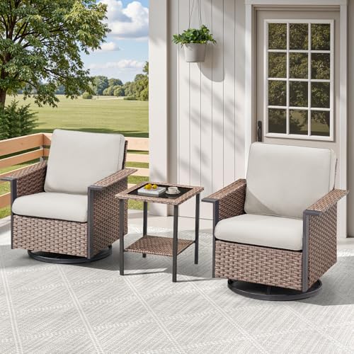 3 Pieces Outdoor Patio Furniture Set-Wicker Patio Swivel Rocker Chairs Set of 2 with Outdoor Side Table, Comfy Rattan Glider Chairs Outdoor Seating Furniture for Porch Deck Balcony Garden Brown/Beige