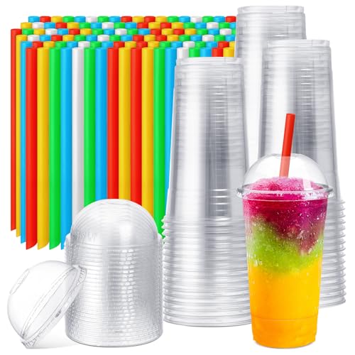 Lallisa 100 Sets Clear Plastic Cups with Dome Lids & Colorful Straws, 20 oz