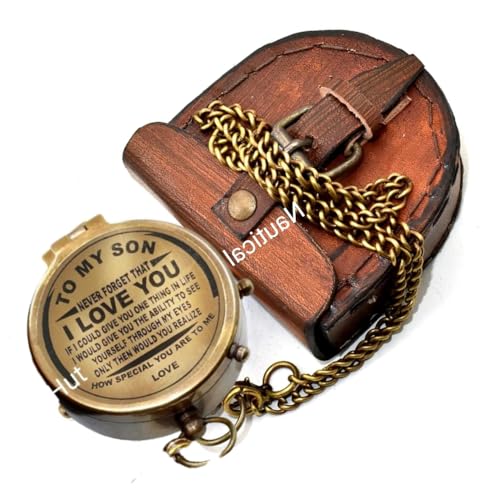 Brújula de latón vintage con estuche de cuero grabada miniatura 4