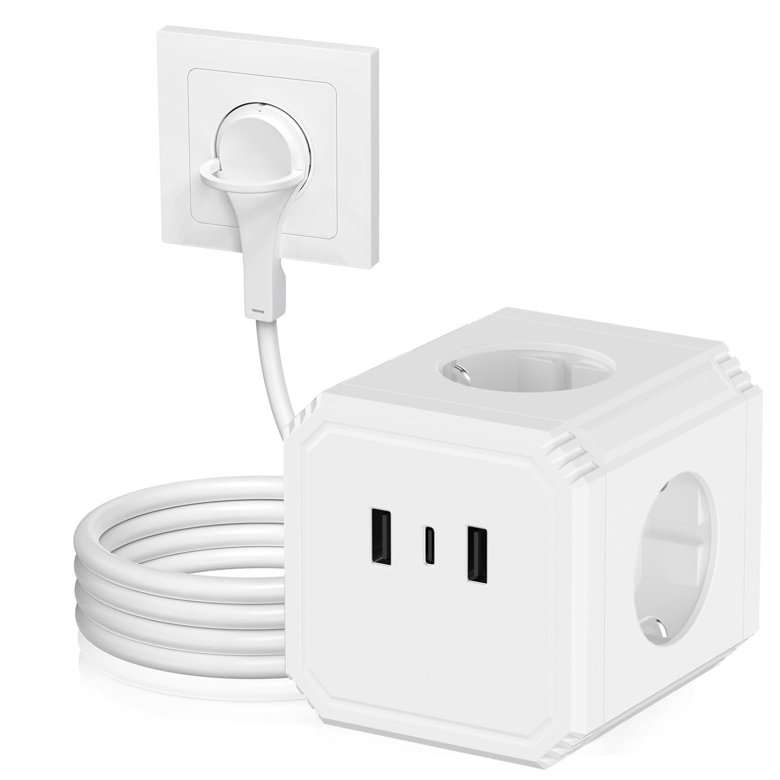 3 Fach Würfel Steckdosenleiste, AOUOO Cube 𝗙𝗹𝗮𝗰𝗵𝘀𝘁𝗲𝗰𝗸𝗲𝗿 Steckdosenadapter mit 2M Kabel, 7 in 1 Mehrfachstecker Power Cube mit Schalter(2 USB/1 Type-c), 3680W/16A für Büro, Hause, Weiß
