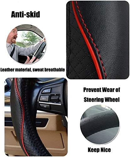 Image of Valleycomfy Steering Wheel Covers Universal 15 inch - Genuine Leather, Breathable, Anti Slip & Odor Free (Black with Red Lines, M(14 inch 1 /2-15 inch 1 /4))