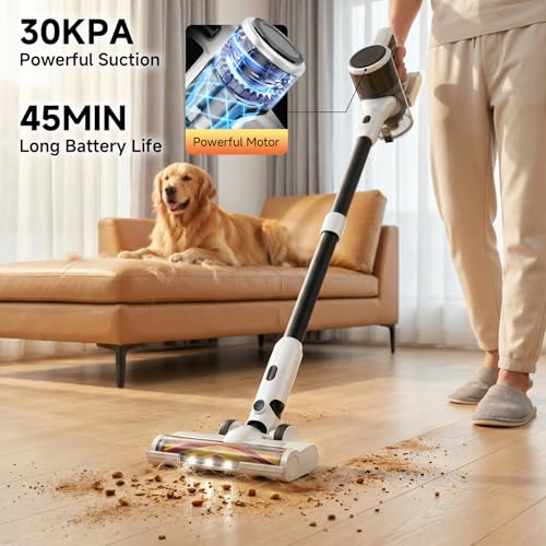 Image of BSNAW Cordless Vacuum Cleaner for Home - Lightweight, Stick Vacuum Clean with Rechargeable Battery, Max 45Mins Runtime, 8 in 1 Handheld Vacuum for Hardfloor & Carpets Pet Hair, White