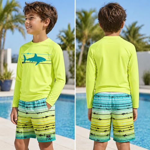Image of Big Chill Boys Rash Guard Set - 2 Piece UPF 50+ Boys Swim Trunks & Long Sleeve Boy Swim Shirt Youth Bathing Suit Swimwear Set